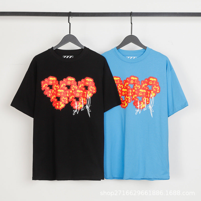Denim Tears T-shirts Flame Wood Cotton Printed Loose Short Sleeve T-shirt