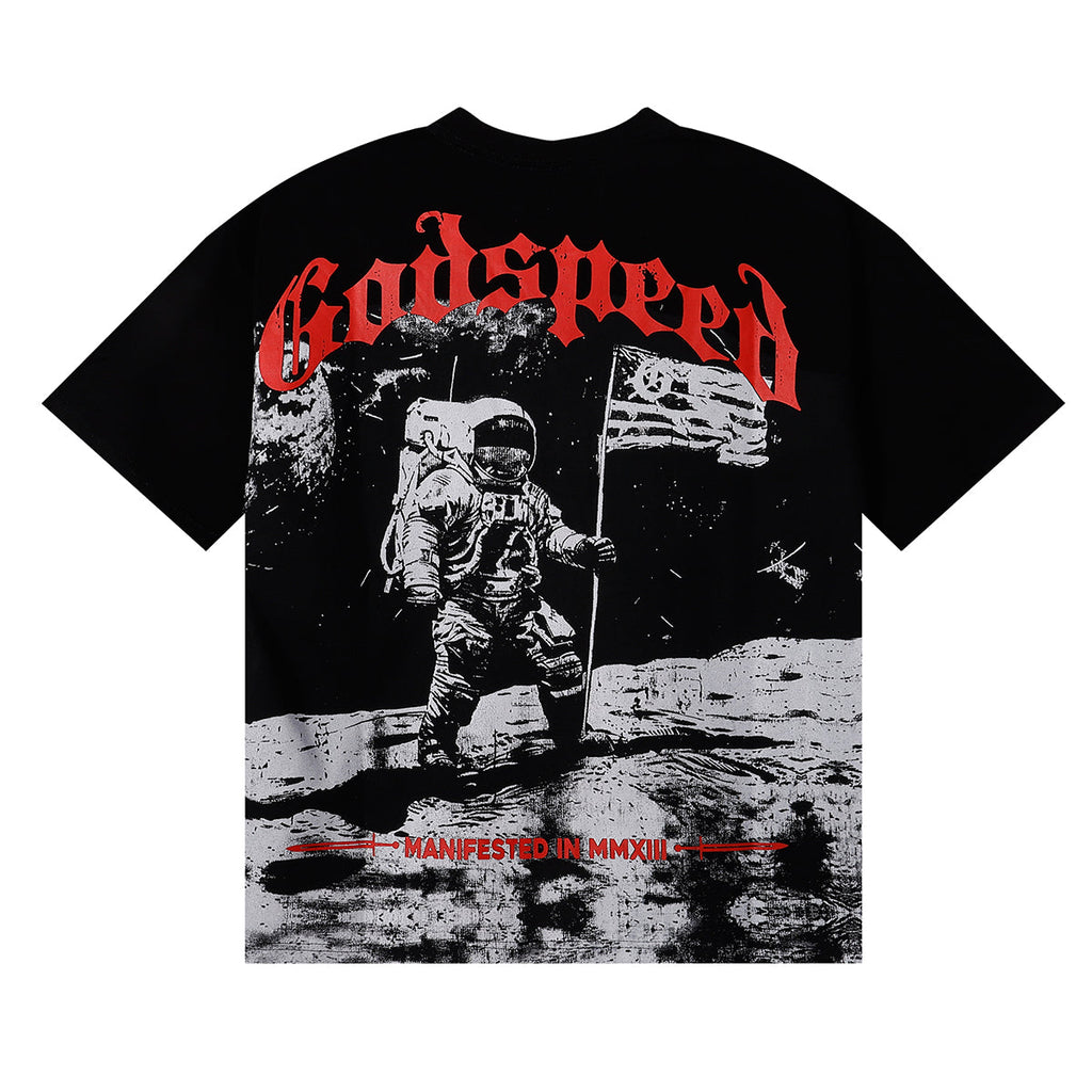 Godspeed T-shirts Astronaut Moon Landing Print Cotton Casual Short Sleeve Men and Women